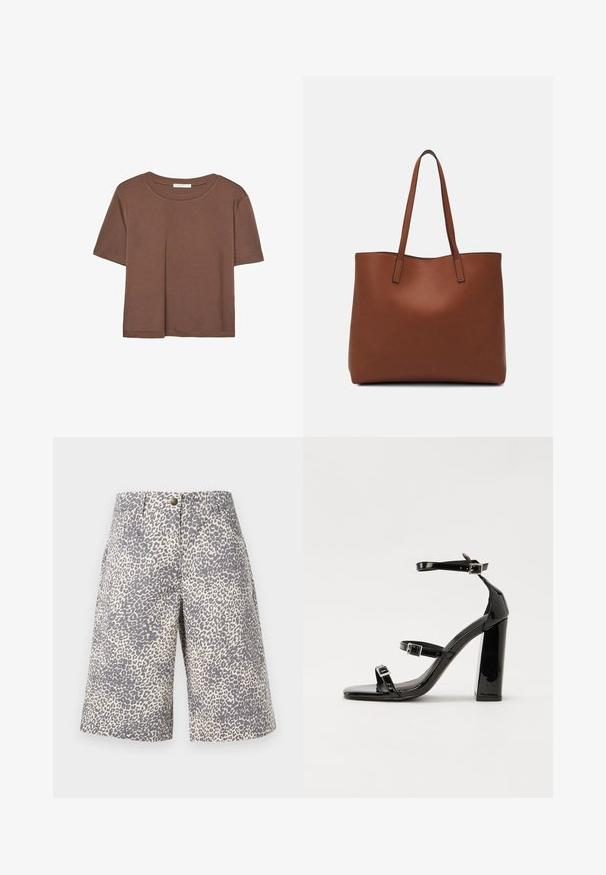 Rjava kratka majica s kratkimi rokavi iz mehkega materiala, s krožnim izrezom in ohlapnim krojem. Brez vidnih vzorcev ali dodatkov.; Hlače s leopardjim vzorcem v svetlih bež in sivi barvi, z gumbom za zapiranje in krojem po meri, z gladko teksturo in dolžino do kolen.; Črne lakirane sandale s peto, kvadratnim prstom, trakovi okrog gležnja in srebrnimi zaponkami. Opremljene so s stabilno Debelo peto.; Rjava usnjena torba z gladko teksturo, odprto zasnovo zgoraj in dvema naramnima trakovoma. Opremljena je z minimalnim šivanjem in brez vidnih kovinskih delov.