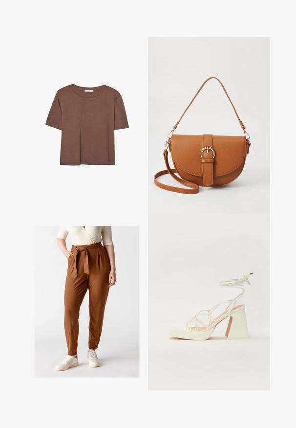 Brun kortärmad t-shirt i mjukt tyg, med rund halsringning och avslappnad passform. Inga synliga mönster eller detaljer.; Bruna tapered byxor med knyt i midjan, mjukt tyg, veck framtill och sidofickor, kombinerat med vita sneakers.; Vit högklackad sandal med en kraftig klack, med ett remdesign och ankelband. Slät textur med en plattform framtill för ökad höjd.; Brun läder crossbody-väska med en böjd form, gyllene detaljer och en spänneaccent. Har en avtagbar axelrem.