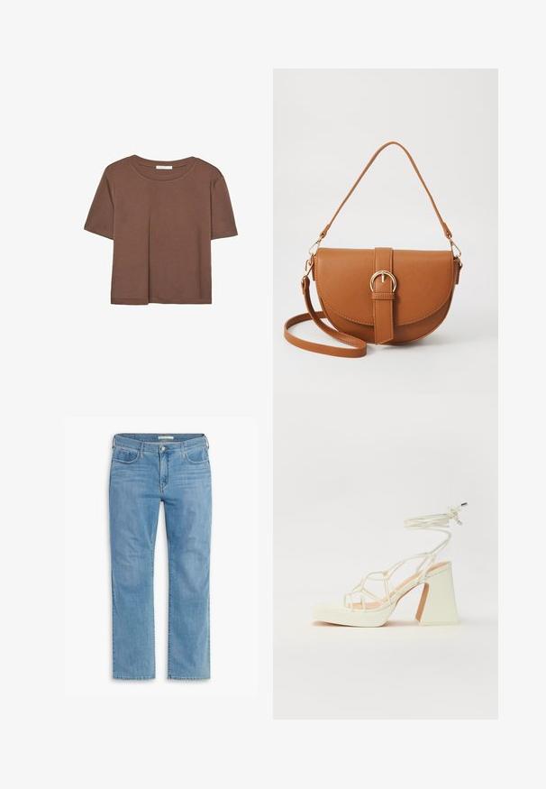 Brown short-sleeve t-shirt made of soft fabric, with a round neckline and relaxed fit. No visible patterns or accents.; Light blue straight-leg jeans with five pockets, button closure, and belt loops, made from denim with a soft texture and subtle fading.; White high-heeled sandal with a chunky heel, featuring a strappy design and ankle tie. Smooth texture with a platform front for added height.; Brown leather crossbody bag with a curved shape, gold hardware, and a buckle accent. Features a detachable shoulder strap.