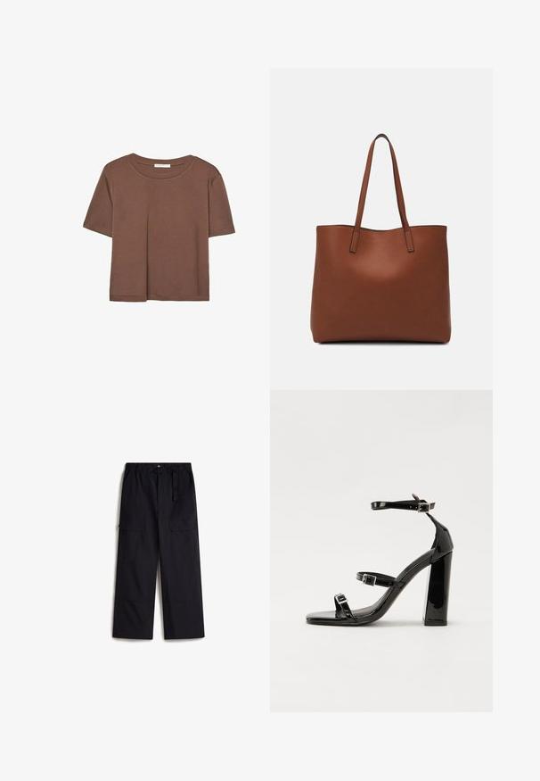 Kahvinsävyinen lyhythihainen t-paita, joka on valmistettu pehmeästä kankaasta. Pyöreä pääntie ja rento malli. Ei näkyviä kuvioita tai koristeita.; Mustat cargo-housut, joissa on joustava vyötärönauha, säädettävä vyö ja kaksi sivutaskua. Valmistettu kevyestä, teksturoidusta kankaasta.; Musta kiiltävä korkokenkä sandaalit neliönmuotoisella varpaalla, nilkkaremmillä ja hopeisilla soljilla. Varustettu tukevalla lohkokorkealla vakauden takaamiseksi.; Ruskea nahkainen olkalaukku, jossa on sileä pinta, avoin yläosa ja kaksi olkahihnaa. Omaavat vain minimaalisen ompelun eikä näkyvää metalliosaa.