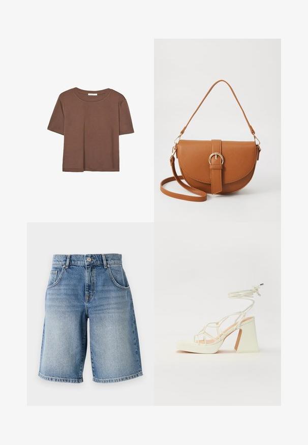 Rjava kratka majica s kratkimi rokavi iz mehkega materiala, s krožnim izrezom in ohlapnim krojem. Brez vidnih vzorcev ali dodatkov.; Denim kratke hlače svetlo modre barve s ravnim krojem, petimi žepi in bronastimi dodatki. Imajo obrubljen rob in wash teksturo v zbledeli izvedbi.; Bela sandala na visokih petah s debelim petam, ki ima obliko trakcev in vezanje okoli gležnja. Gladka tekstura z platformo spredaj za dodatno višino.; Rjava usnjena torbica prek telesa s ukrivljeno obliko, zlate opreme in sponko. Ima odstranljiv naramni trak.