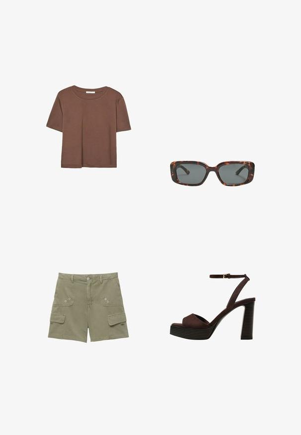Maglietta a maniche corte marrone realizzata in tessuto morbido, con scollatura rotonda e vestibilità rilassata. Nessun motivo o dettaglio visibile.; Pantaloni cargo in cotone verde oliva con due tasche frontali, una tasca laterale e chiusura a bottone metallico. Texture liscia e vestibilità su misura.; Sandal in camoscio marrone con tacco alto, punta aperta, cinturino alla caviglia regolabile e suola a piattaforma striata.; Occhiali da sole tartaruga con lenti rettangolari, montatura spessa e lenti scure. Texture liscia e design minimalista.