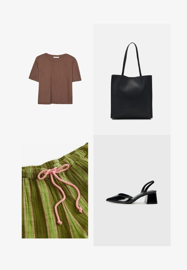 Braunes, kurzärmliges T-Shirt aus weichem Material mit rundem Halsausschnitt und lockerer Passform. Keine sichtbaren Muster oder Akzente.; Grün gestreifter Stoff mit einer weichen Textur und pinkem Kordelzug. Verfügt über vertikale Streifen in verschiedenen Schattierungen und einen gerafften Taillenbund.; Schwarze Lackleder-Slingback-High Heels mit spitzem Schuh und einem geometrischen Blockabsatz. Verfügt über ein schlankes, minimalistisches Design und eine glatte Textur.; Schwarze Laptoptasche aus Leder mit glatter Textur, rechteckiger Form und zwei langen Griffen. Keine sichtbaren Beschläge oder Verzierungen.