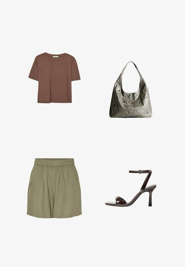 Hnedé tričko s krátkym rukávom vyrobené z jemného materiálu, s okrúhlym výstrihom a voľným strihom. Žiadne viditeľné vzory ani akcenty.; Linenové kraťasy v olivovej zelenej farbe s elastickým pásom, ponúkajúce voľný strih, pohodlné skladanie a prešitý lem. Ľahký a priedušný materiál.; Hnedé lakované sandále na vysokom opätku s remienkom okolo členka, otvorenou špičkou a elegantným, minimalistickým dizajnom. Obsahujú štvorcovú pätu.; Olive zelená kožená kabelka so spadnutým dizajnom, obsahujúca rôzne veľkosti kruhových výrezov a akcenty v tmavších a svetlejších odtieňoch.