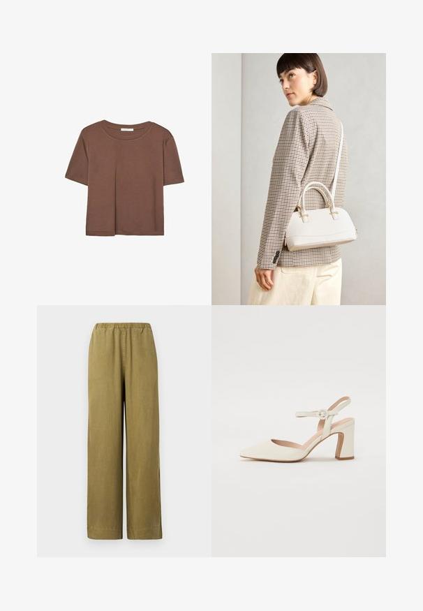 Rjava kratka majica s kratkimi rokavi iz mehkega materiala, s krožnim izrezom in ohlapnim krojem. Brez vidnih vzorcev ali dodatkov.; Kaki široke hlače s elastičnim pasom, izdelane iz mehkega bombažnega materiala. Imajo stranske razpoke in ravno krojenje, kar zagotavlja udoben fit.; Čevlji s koničastim nosom v kremni barvi z blokastim peto. Imajo tanki trak okoli gležnja z okroglo sponko in gladko usnjeno teksturo.; Bela strukturirana torba z kratkimi ročaji in naramnim trakom, z zlatimi okrasnimi elementi in teksturiranim materialom, prikazana na sivi podlagi.