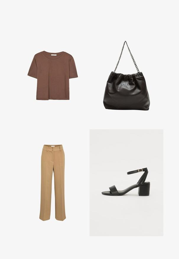 Brązowa koszulka z krótkim rękawem, wykonana z miękkiego materiału, z okrągłym dekoltem i luźnym krojem. Brak widocznych wzorów lub akcentów.; Beżowe spodnie o szerokich nogawkach z gładką teksturą, z podwójnym zapięciem na guziki i bocznymi kieszeniami. Płaski przód z wyraźnie zaznaczoną zakładką.; Czarne sandały na obcasie z gładkiej skóry, z odkrytymi palcami, szerokimi przednimi paskami oraz regulowanym paskiem na kostkę z detalem w postaci złotego zapięcia.; Brązowa skórzana torba z marszczonym szczytem i łańcuszkowym paskiem. Gładka tekstura z błyszczącym wykończeniem i subtelnymi detalami szwów po bokach.