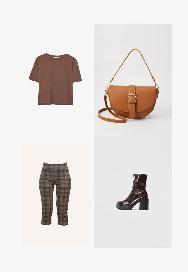 Kahvinsävyinen lyhythihainen t-paita, joka on valmistettu pehmeästä kankaasta. Pyöreä pääntie ja rento malli. Ei näkyviä kuvioita tai koristeita.; Harmaat ruudulliset lyhyet housut, joissa on joustava vyötärö, muotoiltu leikkaus ja teksturoitu kangas mustilla ja vaaleammilla harmailla sävyillä.; Satea bordeaux berwarna mengkilap dengan tumit hitam tebal, menampilkan tekstur halus dan desain sederhana. Tanpa pengikat atau pola yang terlihat.; Ruskean nahkainen olkalaukku, jossa on kaareva muoto, kultaiset yksityiskohdat ja solkiyksityiskohta. Varustettu irrotettavalla olkahihnalla.