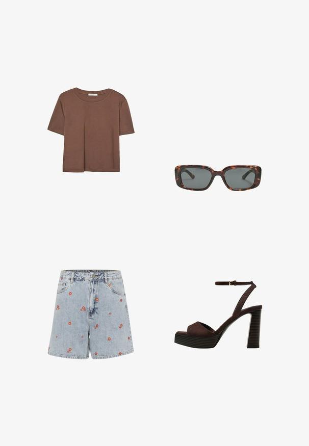 Rjava kratka majica s kratkimi rokavi iz mehkega materiala, s krožnim izrezom in ohlapnim krojem. Brez vidnih vzorcev ali dodatkov.; Jeans kratke hlače v svetloblue barvi z rdečim cvetličnim vezenjem. Imajo visok pas, sprednje žepke in raven kroj.; Rjave semiš sandale z visoko peto, odprto spredaj, z nastavljivim gležnjenjem in črtastim podplatom.; Sonce, ki je oblikovana v tortoščkovem vzorcu, ima pravokotne leče, debele okvirje in temne leče. Ima gladko teksturo in minimalističen dizajn.
