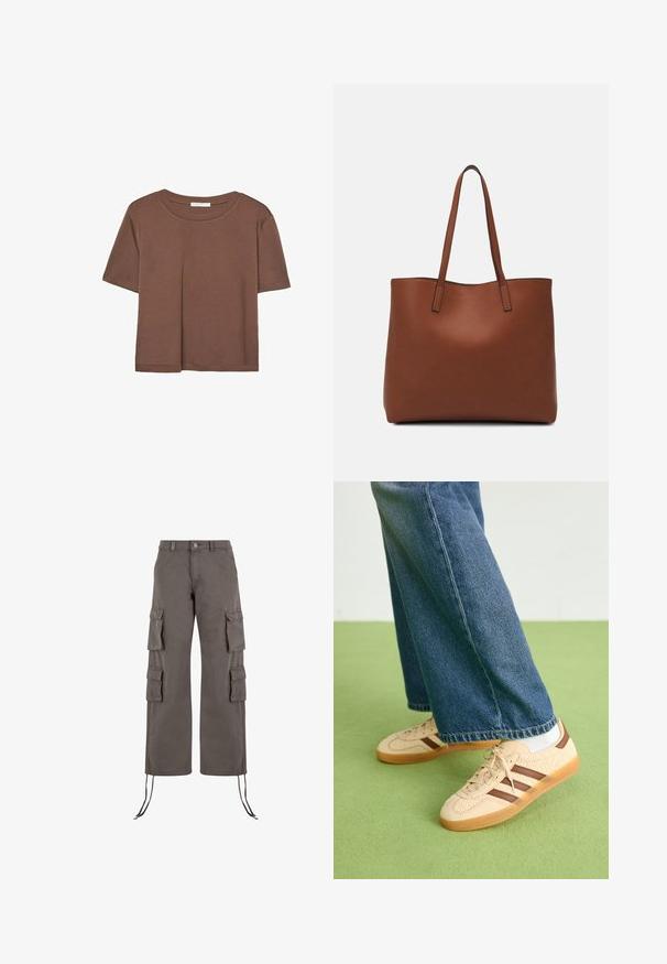 Smeđi kratki rukav majica od mekog materijala, s okruglim izrezom i opuštenim krojem. Nema vidljivih uzoraka ili naglasaka.; Cargo hlače u tamno sivoj boji, izrađene od čvrstog materijala. Imaju šest džepova, široke nogavice i podesive vezice na rubu.; Bež tenisice s teksturiranim kremastim panelima i smeškim prugama, u kombinaciji s plavim trapericama. Traperice imaju široke nogavice i poderane rubove.; Smeđa kožna torba preko ramena s glatkom teksturom, otvorenim vrhom i dvjema naramenicama. Ima minimalne šavove i nema vidljivog hardvera.