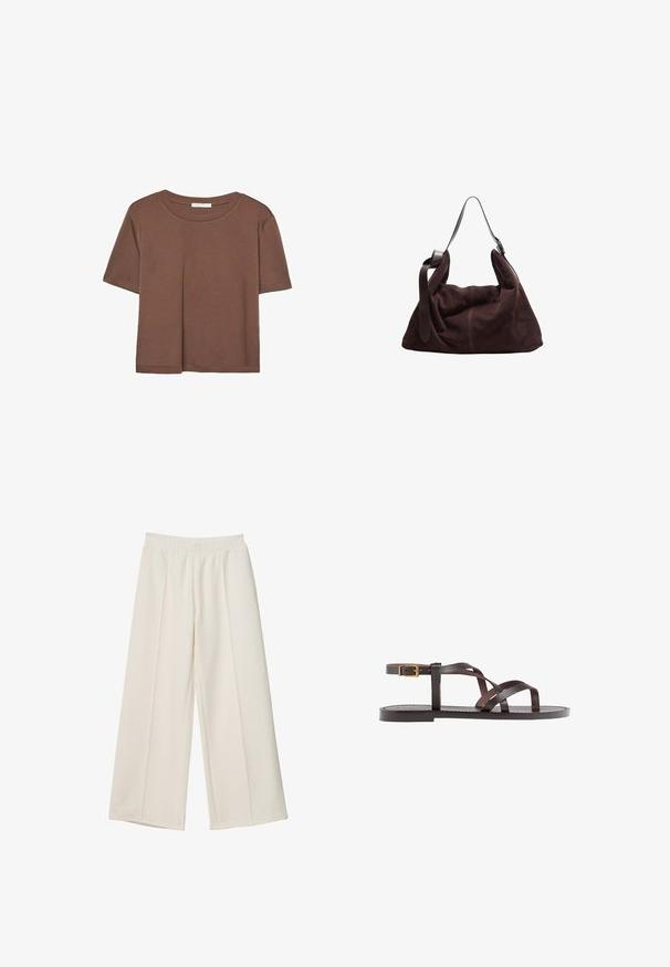Hnědé tričko s krátkým rukávem vyrobené z měkké látky, s kulatým výstřihem a volným střihem. Bez viditelných vzorů nebo dekorací.; Bílé kalhoty širokého střihu s elastickým pasem a předním švem, vyrobené z hladké tkaniny.; Hnědé kožené sandály s kříženými pásky, uzavřením na přezku u kotníku a plochou podrážkou s minimem švů.; Tyrkysová hobo taška z tmavě hnědého nubuku se širokým nastavitelným koženým popruhem a měkkým, uvolněným tělem na bílém pozadí.
