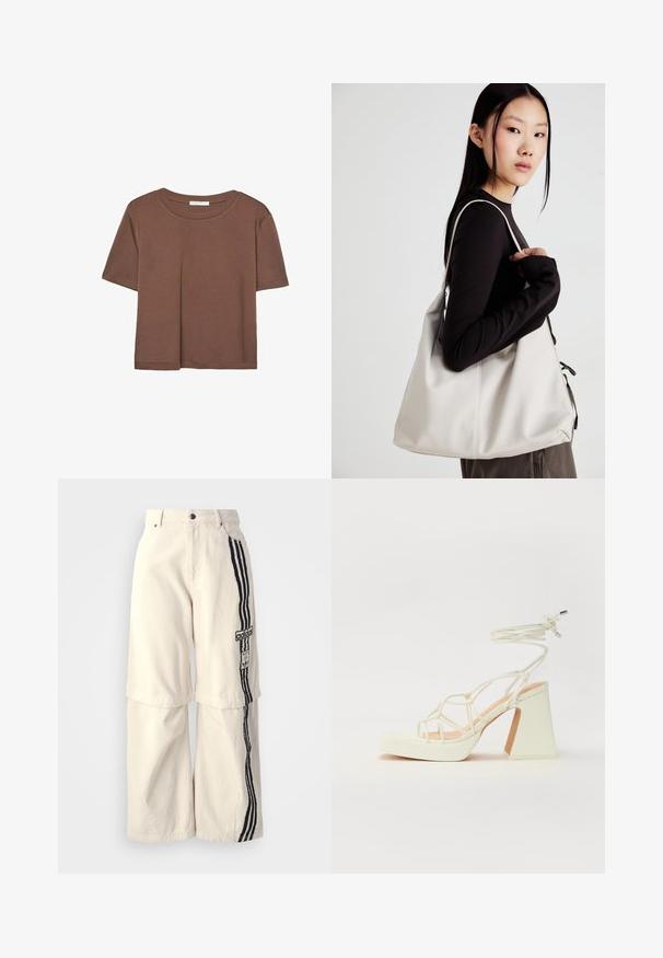 Rjava kratka majica s kratkimi rokavi iz mehkega materiala, s krožnim izrezom in ohlapnim krojem. Brez vidnih vzorcev ali dodatkov.; Bež hlače širokega kroja iz bombaža, opremljene z črno trojno črto po strani in logotipom Adidas na stegnu.; Bela sandala na visokih petah s debelim petam, ki ima obliko trakcev in vezanje okoli gležnja. Gladka tekstura z platformo spredaj za dodatno višino.; Bežna torbica iz mehkega materiala, z ohlapno zasnovo, šivi in dvema naramnicama. Primerna za vsakodnevno uporabo.