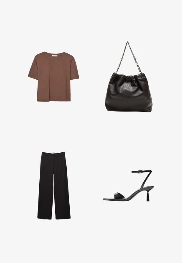 Braunes, kurzärmliges T-Shirt aus weichem Material mit rundem Halsausschnitt und lockerer Passform. Keine sichtbaren Muster oder Akzente.; Schwarze, weit geschnittene, maßgeschneiderte Hose mit Vorderfalten, Gürtelschlaufen und verdecktem Frontverschluss.; Bershka High Heel Sandalette - black; Braune Lederhandtasche mit gerafftem Oberteil und Kettenriemen. Glatte Textur mit glänzendem Finish und subtilen Nahtdetails an den Seiten.