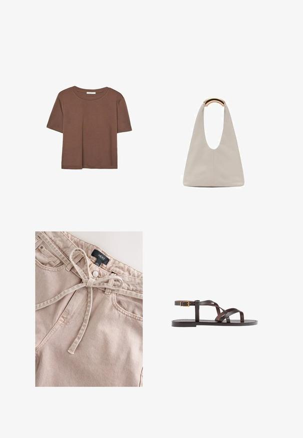 Hnědé tričko s krátkým rukávem vyrobené z měkké látky, s kulatým výstřihem a volným střihem. Bez viditelných vzorů nebo dekorací.; Světlé růžové riflové kalhoty s páskem na zavazování v pase, s předním zapínáním na knoflík, poutky na pás a dvěma předními kapsami, vyrobené z texturované látky.; Hnědé kožené sandály s kříženými pásky, uzavřením na přezku u kotníku a plochou podrážkou s minimem švů.; Světlá šedá kožená taška s U-tvarovaným designem a zakřivenou kovovou rukojetí. Hladký povrch s minimálním šitím a bez viditelných vzorů.