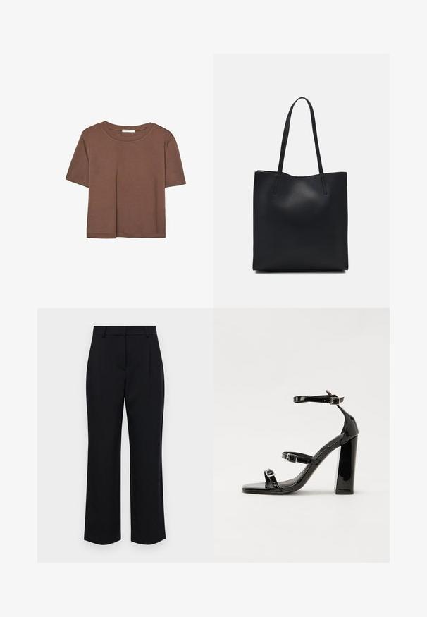 Rjava kratka majica s kratkimi rokavi iz mehkega materiala, s krožnim izrezom in ohlapnim krojem. Brez vidnih vzorcev ali dodatkov.; Črne krojene hlače z ravnim krojem, ki vključujejo pas, nabran sprednji del in stranske žepi. Narejene so iz spolzkega materiala.; Črne lakirane sandale s peto, kvadratnim prstom, trakovi okrog gležnja in srebrnimi zaponkami. Opremljene so s stabilno Debelo peto.; Črna usnjena torba s svilnato teksturo, pravokotne oblike in dvema dolgima ročajema. Brez vidnih metalnih delov ali okrasnih elementov.