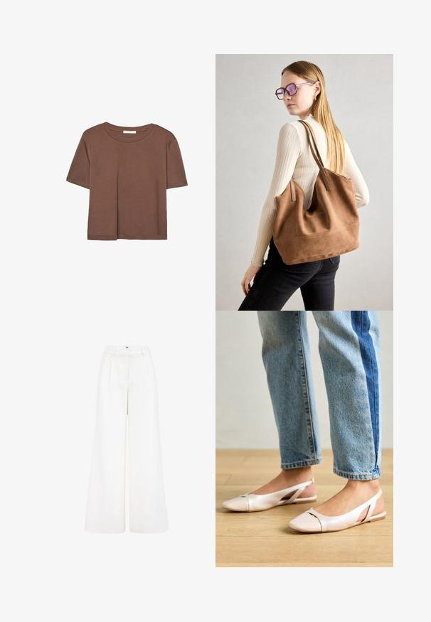 Hnědé tričko s krátkým rukávem vyrobené z měkké látky, s kulatým výstřihem a volným střihem. Bez viditelných vzorů nebo dekorací.; Kalhoty s širokými nohavicemi vyrobené z lehkého materiálu, s čistě bílou barvou, vysokým pasem a sklady na přední straně pro dodatečný detail.; Světle růžové slingback baleríny s špičatou špičkou, vyrobené z hladkého koženému materiálu. Obsahují vystřihovací detaily po stranách a plochý podpatek.; Hnědá semišová taška přes rameno se soft-touch texturou, velkým otvorem a dlouhými popruhy. Disponuje jednoduchým designem s viditelným šitím a bez kovových prvků.