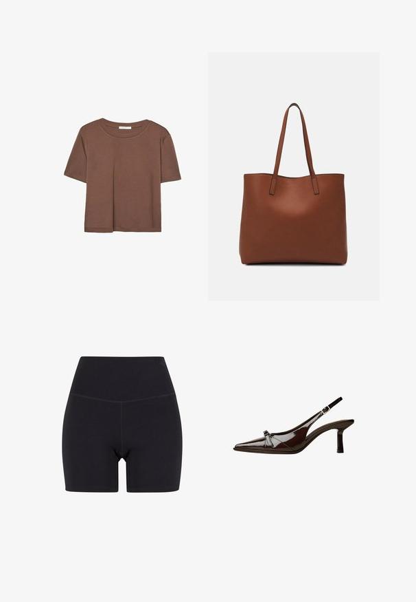 Brun kortärmad t-shirt i mjukt tyg, med rund halsringning och avslappnad passform. Inga synliga mönster eller detaljer.; Svarta högmidjade shorts av stretchigt material. Har resår i midjan, slät yta och midjehöjd med sömlös design.; Brun lackläder slingback-sko med spetsig tå, låg klack och en dekorerande rosett på framsidan. Slät, glansig yta.; Brun läder tote-väska med en slät textur, öppen toppdesign och två axelremmar. Har minimal söm och ingen synlig metalldetalj.
