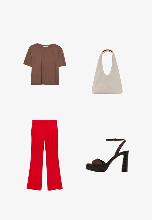 Braunes, kurzärmliges T-Shirt aus weichem Material mit rundem Halsausschnitt und lockerer Passform. Keine sichtbaren Muster oder Akzente.; Rote, ausgestellte Hosen aus einem glatten Stoff mit hohem Bund und zwei Vordertaschen. Das Design zeichnet sich durch klare Linien und eine maßgeschneiderte Passform aus.; Braune Wildleder-Pumps mit offenem Zeh, verstellbarem Knöchelriemen und gestreiftem Plateausohlen.; Hellgraue Lederhandtasche mit einem U-förmigen Design und einem geschwungenen, metallischen Griff. Glatte Textur mit minimalen Nähten und ohne sichtbare Muster.