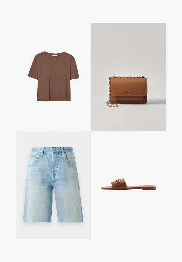 Rjava kratka majica s kratkimi rokavi iz mehkega materiala, s krožnim izrezom in ohlapnim krojem. Brez vidnih vzorcev ali dodatkov.; Svetlo modri denim kratki hlače z visokim pasom, petimi žepi in neobdelanim robom. Mehka tekstura in klasičen kroj, primerna za športno oblačenje.; Rjave usnjene natikače s širokima dvema trakom, ki vključujeta okrasno šivanje in zlat ton sponko. Oblikovan z ravnim podplatom.; Rjava teksturirana usnjena torba čez ramo z zlatim verižnim trakom in zapiranjem na pokrov. Spredaj je vidna podrobnost logotipa in žep pod pokrovom.