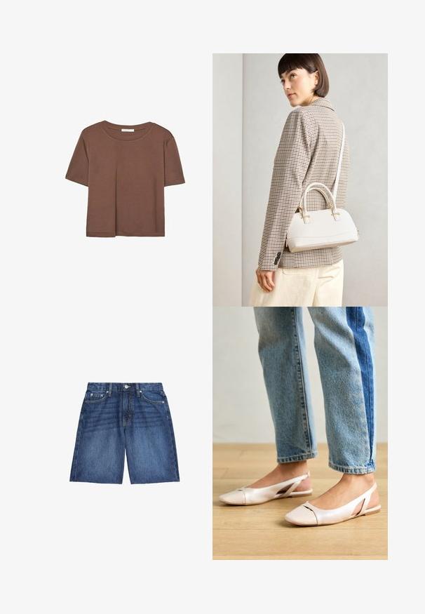 Brun kortärmad t-shirt i mjukt tyg, med rund halsringning och avslappnad passform. Inga synliga mönster eller detaljer.; Marks & Spencer BERMUDA - Jeansshorts - medium indigo; Ljust rosa slingback-lägenheter med spetsig tå, tillverkade av ett slätt läderliknande material. Har utskurna detaljer på sidorna och en platt häl.; Vitt strukturerat handväska med korta handtag och en axelrem, med gyllene detaljer och texturerat material, visad mot en grå bakgrund.