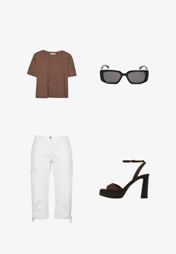 Hnědé tričko s krátkým rukávem vyrobené z měkké látky, s kulatým výstřihem a volným střihem. Bez viditelných vzorů nebo dekorací.; Bílé cargo kalhoty se střihovým středem, vyrobené z lehkého materiálu. Obsahují boční kapsy a nastavitelné manžety se šňůrkami.; Hnědé semišové sandály na vysokém podpatku s otevřenou špičkou, nastavitelným páskem kolem kotníku a proužkovou platformou.; Černé obdélníkové sluneční brýle s tmavými skly, hladkým plastovým rámem a zakřivenými stranicemi. Design je robustní s minimalistickou estetikou.