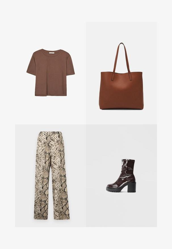 Smeđi kratki rukav majica od mekog materijala, s okruglim izrezom i opuštenim krojem. Nema vidljivih uzoraka ili naglasaka.; Hlače širokih nogavica s bež i crnim uzorkom zmijske kože. Materijal je glatki s laganom teksturom. Elastičan pojas.; Sjajna burgundska čizma do gležnja s debelim crnim potplatom, koja se odlikuje glatkom teksturom i jednostavnim dizajnom. Nema vidljivih kopčanja ili uzoraka.; Smeđa kožna torba preko ramena s glatkom teksturom, otvorenim vrhom i dvjema naramenicama. Ima minimalne šavove i nema vidljivog hardvera.