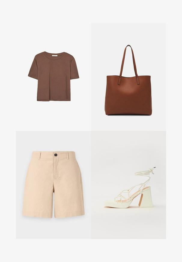Hnědé tričko s krátkým rukávem vyrobené z měkké látky, s kulatým výstřihem a volným střihem. Bez viditelných vzorů nebo dekorací.; Béžové bavlněné šortky s volným střihem, se zapínáním na knoflík vpředu, dvěma bočními kapsami a obšitým lemem. Hladký materiál.; Bílé sandály na vysokém podpatku s robustním podpatkem, s designem s pásky a zavazováním kolem kotníku. Hladký povrch s platformou vpředu pro zvýšení výšky.; Hnědá kožená taška přes rameno s hladkou texturou, otevřeným designem a dvěma ramenními popruhy. Obsahuje minimální švy a žádné viditelné kovové prvky.