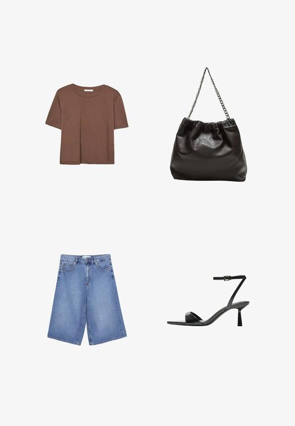 Smeđi kratki rukav majica od mekog materijala, s okruglim izrezom i opuštenim krojem. Nema vidljivih uzoraka ili naglasaka.; Svetloplave traper culotte hlače s širokim nogavicama, koje imaju pet džepova, zatvaranje na gumb i suptilne detalje blagog izbljeđivanja.; Bershka Sandale s visokom petom - black; Smeđa kožna torba s naboranim vrhom i lančićem za nošenje. Glatka tekstura s sjajnim završetkom i suptilnim šavnim detaljima sa strane.; Stradivarius FLORAL - Ogrlica - beige