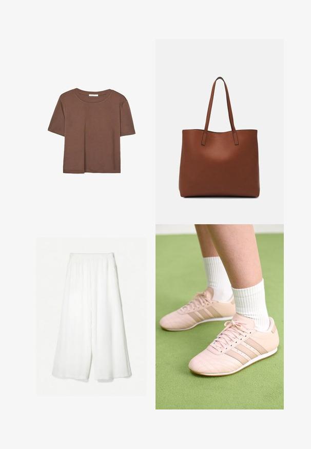 Hnedé tričko s krátkym rukávom vyrobené z jemného materiálu, s okrúhlym výstrihom a voľným strihom. Žiadne viditeľné vzory ani akcenty.; Biele široké nohavice vyrobené z textúrovanej látky. Dizajn obsahuje vysoký pás a splývavý siluetu bez viditeľných zapínaní.; Svetloružové športové topánky s diagonálnym šitím, bielymi podrážkami a tromi bočnými pruhmi. Nosené s rebrovanými bielymi ponožkami na zelenej ploche.; Hnedá kožená taška na rameno s hladkou textúrou, otvoreným vrchom a dvoma ramenými popruhmi. Má minimálne šitia a žiadne viditeľné kovania.