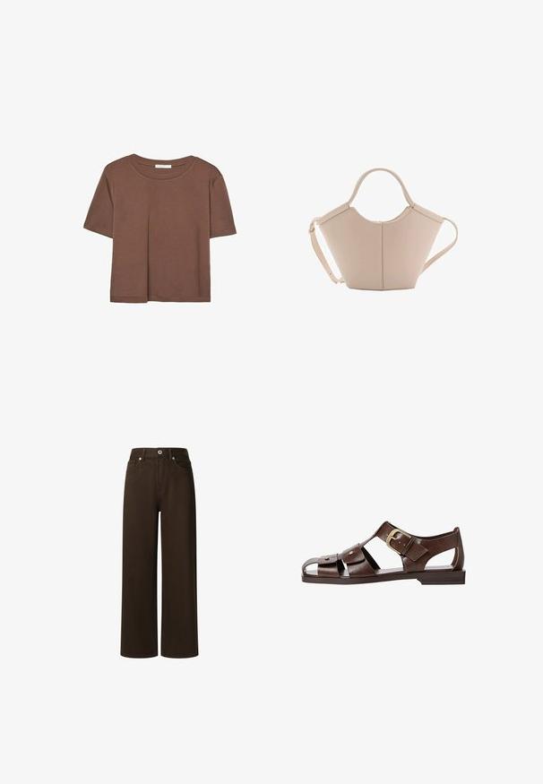 Rjava kratka majica s kratkimi rokavi iz mehkega materiala, s krožnim izrezom in ohlapnim krojem. Brez vidnih vzorcev ali dodatkov.; Pepe Jeans LEXA - Ravne kavbojke - chocolate brown; Rjave usnjene sandale z izrezljanim dizajnom, nastavljivim stranskim sponko in ravnim podplatom, dekorirane z kovinskimi detajli in odprtim prstom.; Bežna usnjena torbica edinstvene oblike, z dvema kratkima ročajema in dolgim nastavljivim trakom. Gladka tekstura z minimalno kovinsko opremo.