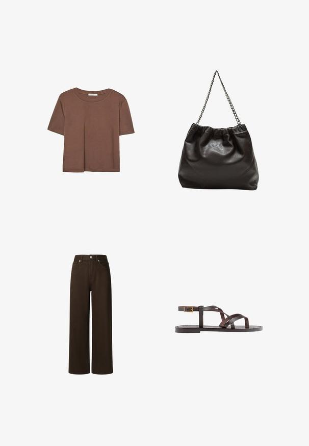 Kahvinsävyinen lyhythihainen t-paita, joka on valmistettu pehmeästä kankaasta. Pyöreä pääntie ja rento malli. Ei näkyviä kuvioita tai koristeita.; Pepe Jeans LEXA - Straight leg -farkut - chocolate brown; Ruske kožne sandale s križnim trakama, zatvaranjem na kopču oko gležnja i ravnim potplatom s minimalnim detaljima šivanja.; Ruskea nahkainen laukku, jossa on kerätty yläosa ja ketjuhihna. Tasainen pinta, jossa kiiltävä viimeistely ja hienovaraiset sauman yksityiskohdat sivuilla.