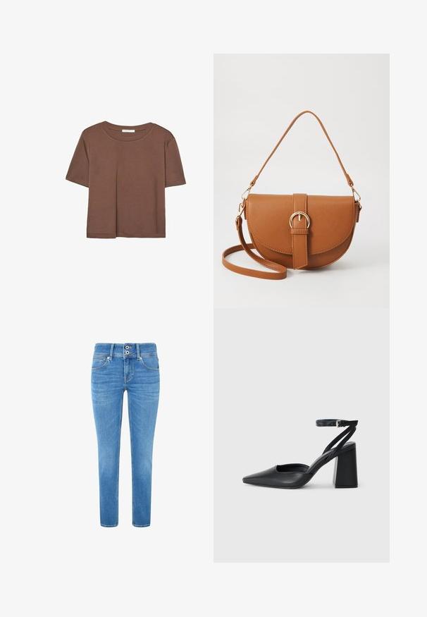 Hnědé tričko s krátkým rukávem vyrobené z měkké látky, s kulatým výstřihem a volným střihem. Bez viditelných vzorů nebo dekorací.; Světle modré džíny se rovný fit, vyrobené z denimu. Obsahují dva knoflíky v pase, jemné vyblednutí a design s pěti kapsami.; Černé kožené lodičky se špičatou špičkou, kotníkovým páskem a silným podpatkem. Hladká textura, elegantní design a minimalistická estetika.; Hnědá kožená křížová taška s zakřiveným tvarem, zlatými detaily a akcentem s přezkou. Obsahuje odnímatelný popruh na rameno.