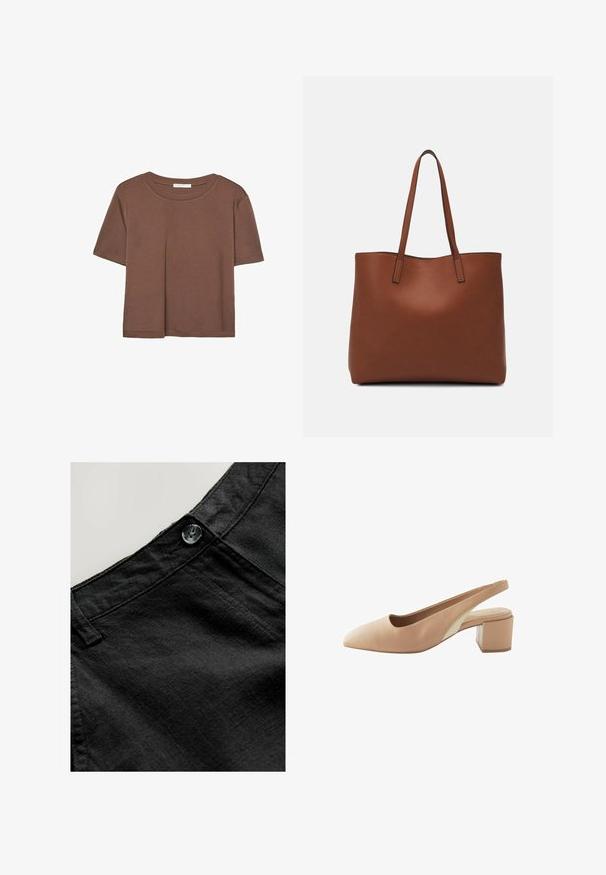 Braunes, kurzärmliges T-Shirt aus weichem Material mit rundem Halsausschnitt und lockerer Passform. Keine sichtbaren Muster oder Akzente.; Schwarze Leinenhosen mit glatter Textur, versehen mit einem runden Knopf und genähten Details am Bund und an den Taschen.; Nude Leder-Slingback-Schuh mit spitzem Fuß, niedrigem Blockabsatz und einem kontrastierenden beigen Seitenpanel. Glatte Textur, minimalistisches Design.; Braune Leder-Tote mit glatter Textur, offenem Oberteil und zwei Schulterriemen. Verfügt über minimale Nähte und keine sichtbaren Beschläge.