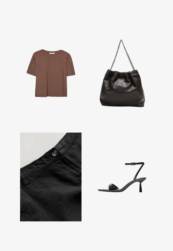 Maglietta a maniche corte marrone realizzata in tessuto morbido, con scollatura rotonda e vestibilità rilassata. Nessun motivo o dettaglio visibile.; Pantaloni in lino neri con una texture liscia, dotati di un bottone circolare e dettagli cuciti nella cintura e nelle tasche.; Bershka Sandali con tacco - black; Borsa in pelle marrone con parte superiore arricciata e tracolla a catena. Texture liscia con finitura lucida e dettagli di cucitura sottili sui lati.