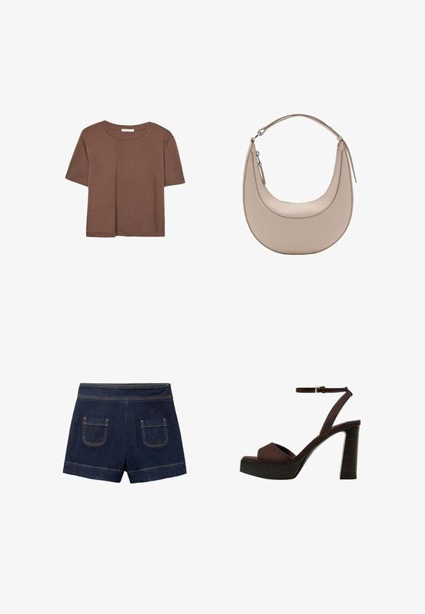 Smeđi kratki rukav majica od mekog materijala, s okruglim izrezom i opuštenim krojem. Nema vidljivih uzoraka ili naglasaka.; Traperice kratke hlače u tamnoplavoj boji s uskim pojasom, dva stražnja džepa i svjetlosmeđi šavovi duž šavova. Presavijen rub na dnu.; Smeđe zamšaste sandale s visokim potpeticama, otvorenim prstima, podesivom trakicom oko gležnja i prugastom platformom.; Bež kožna torba za rame u obliku polumjeseca, glatke teksture i s jednim zakrivljenim ručkom. Sadrži zatvor na zip i uredno šivenje.