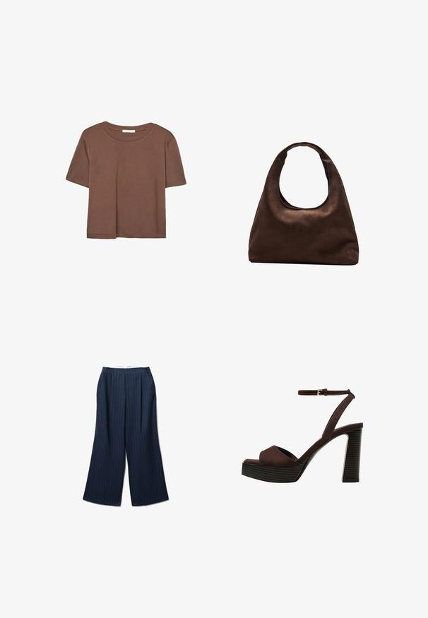 Maglietta a maniche corte marrone realizzata in tessuto morbido, con scollatura rotonda e vestibilità rilassata. Nessun motivo o dettaglio visibile.; Pantaloni a gamba larga blu navy realizzati in tessuto leggero, con strisce verticali bianche, pieghe e una chiusura con zip sul retro.; Sandal in camoscio marrone con tacco alto, punta aperta, cinturino alla caviglia regolabile e suola a piattaforma striata.; Borsa hobo di un morbido marrone con una sola tracolla larga e un'apertura a manico curvo, esposta su uno sfondo bianco.