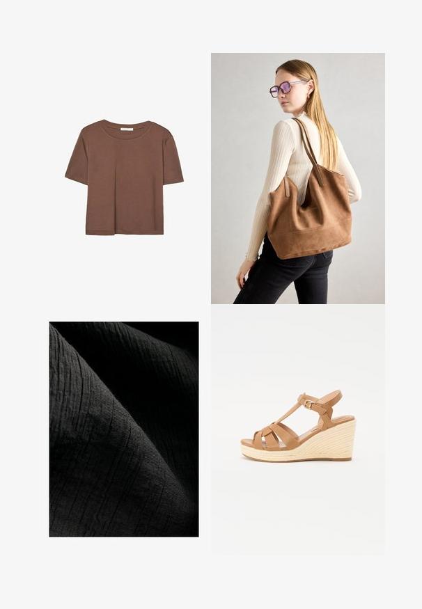Hnedé tričko s krátkym rukávom vyrobené z jemného materiálu, s okrúhlym výstrihom a voľným strihom. Žiadne viditeľné vzory ani akcenty.; Textúrovaná čierna tkanina so subtílnym rebrovaným vzorom, mierne reflexná, spadajúca do záhybov, ktoré zvýrazňujú jej hĺbku a hmatovú kvalitu.; Hnedé wedges sandále s kríženým popruhom, nastaviteľnou prackou na členku a štruktúrovaným tkaným espadrilovým klinom.; Hnedá semišová taška na rameno s mäkkou textúrou, veľkým otvorom a dlhými popruhmi. Má jednoduchý dizajn s viditeľným šitím a bez kovových prvkov.