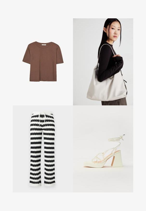 Smeđi kratki rukav majica od mekog materijala, s okruglim izrezom i opuštenim krojem. Nema vidljivih uzoraka ili naglasaka.; Pletene hlače s izmjeničnim crno-bijelim prugama, s pojasom na vezanje i širokim rubovima. Tekstura tkanine s otvorenim pletenim dizajnom.; Bijela sandala na visokoj potpetici s debelim petom, s remenom i vezanjem oko gležnja. Glatka tekstura s platformom sprijeda za dodatnu visinu.; Bežna torba od mekog materijala s opuštenim dizajnom, šivanim detaljima i dva remena za rame. Pogodna za svakodnevnu upotrebu.