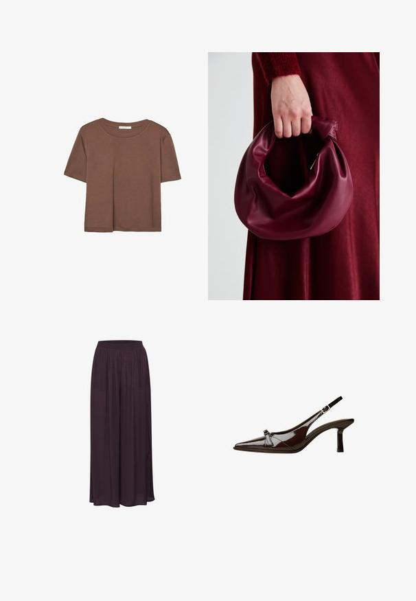 Brązowa koszulka z krótkim rękawem, wykonana z miękkiego materiału, z okrągłym dekoltem i luźnym krojem. Brak widocznych wzorów lub akcentów.; Szerokie spodnie wykonane z lekkiego, ciemnofioletowego materiału. Posiadają elastyczny pas oraz swobodny fason o gładkiej teksturze.; Brązowe lakierowane sandały z odkrytymi palcami, o spiczastym nosku, niskim obcasie i ozdobnym kokardkowym akcentem z przodu. Gładka, błyszcząca tekstura.; Bordowa skórzana torebka o miękkim, marszczonym wyglądzie i zaokrąglonym kształcie. Uchwyt jest zabezpieczony, co podkreśla gładką fakturę.