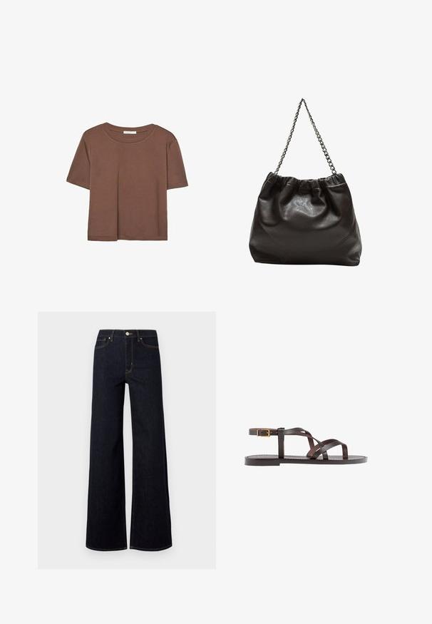 Brun kortärmad t-shirt i mjukt tyg, med rund halsringning och avslappnad passform. Inga synliga mönster eller detaljer.; Mörkblå vida jeans tillverkade av denim, med hög midja, kontrastsömmar och en ensam metallknapp fram.; Bruna lädersandaler med korsade remmar, spänne runt vristen och en platt sula med minimala sömnadsdetaljer.; Brun läderväska med rynkad topp och kedjesnodd. Slät textur med en blankslipad yta och subtila sömdetaljer på sidorna.