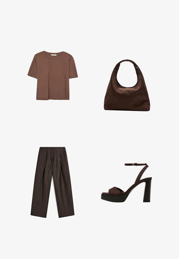 Brown short-sleeve t-shirt made of soft fabric, with a round neckline and relaxed fit. No visible patterns or accents.; Dark brown trousers in a textured fabric, featuring wide legs, a pleated front, and side pockets for a structured silhouette.; Brown suede high-heeled sandal with an open toe, adjustable ankle strap, and a striped platform sole.; Soft brown hobo-style handbag with a single wide strap and a curved top handle opening, displayed on a white background.