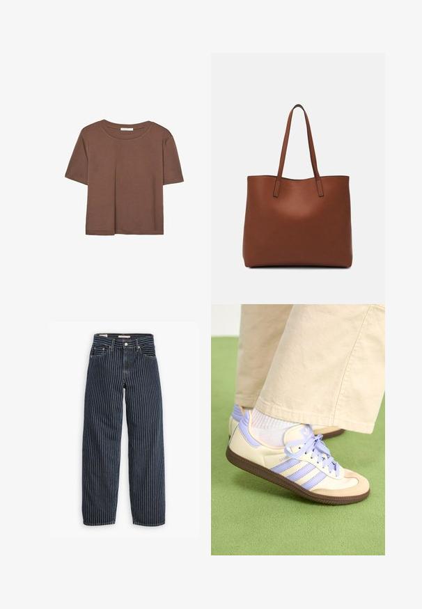 Smeđi kratki rukav majica od mekog materijala, s okruglim izrezom i opuštenim krojem. Nema vidljivih uzoraka ili naglasaka.; Levi's® BAGGY DAD - Traperice opuštenog kroja - partly masked lb; Kremasto-ljubičaste tenisice s tri pruge i strukturiranim smeškim potplatom, s vezicama i podstavljenim petom. Mekana gornja tkanina.; Smeđa kožna torba preko ramena s glatkom teksturom, otvorenim vrhom i dvjema naramenicama. Ima minimalne šavove i nema vidljivog hardvera.