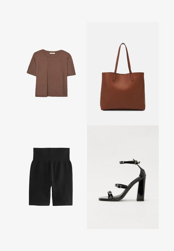 Kahvinsävyinen lyhythihainen t-paita, joka on valmistettu pehmeästä kankaasta. Pyöreä pääntie ja rento malli. Ei näkyviä kuvioita tai koristeita.; Mustat ribbimäiset shortsit, joissa on leveä elastinen vyötärönauha, sileä rakenne ja tiukka muotoilu. Materiaali on joustava liikkumisen helpottamiseksi.; Musta kiiltävä korkokenkä sandaalit neliönmuotoisella varpaalla, nilkkaremmillä ja hopeisilla soljilla. Varustettu tukevalla lohkokorkealla vakauden takaamiseksi.; Ruskea nahkainen olkalaukku, jossa on sileä pinta, avoin yläosa ja kaksi olkahihnaa. Omaavat vain minimaalisen ompelun eikä näkyvää metalliosaa.