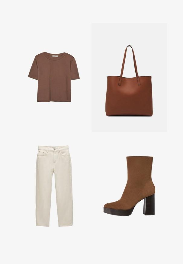 Braunes, kurzärmliges T-Shirt aus weichem Material mit rundem Halsausschnitt und lockerer Passform. Keine sichtbaren Muster oder Akzente.; Weiße Jeans mit entspannter Passform, geradem Bein, fünf Taschen-Design und metallischen Hardware-Details mit subtiler Textur.; Braunes Wildleder-Ankle Boot mit runder Spitze, klobigem schwarz gestreiften Absatz und glatter Oberfläche. Besitzt ein enganliegendes Design ohne sichtbare Beschläge.; Braune Leder-Tote mit glatter Textur, offenem Oberteil und zwei Schulterriemen. Verfügt über minimale Nähte und keine sichtbaren Beschläge.