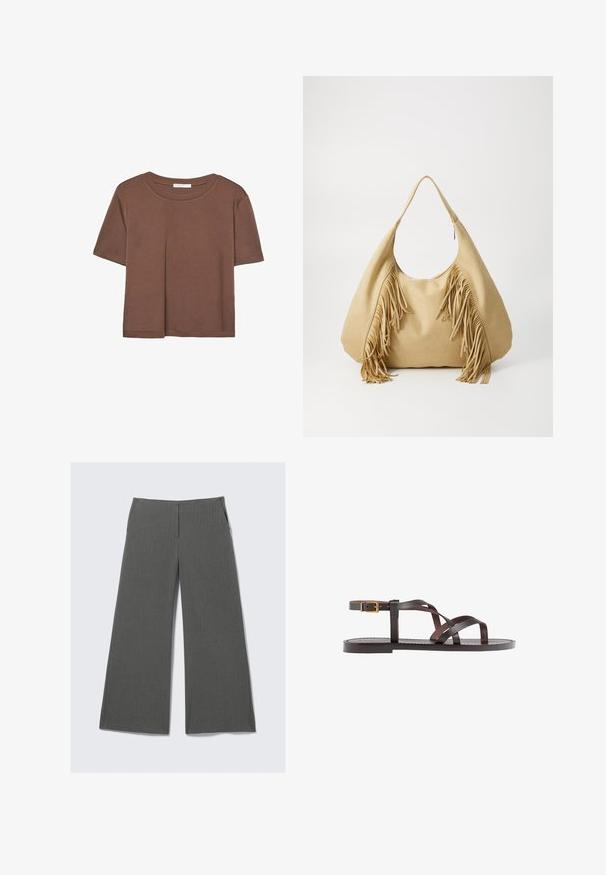 Korte mouwen T-shirt in bruin, gemaakt van een zachte stof, met een ronde halslijn en een relaxte pasvorm. Geen zichtbare patronen of accenten.; Grijze wijde broek met een subtiel streeppatroon, voorzien van twee zijzakken en een soepel taillebandontwerp.; Bruine leren sandaal met kruisingen van banden, een enkelgesp-sluiting en een platte zool met minimale stikdetails.; Tan suède schoudertas met een grote opening en lange franjes aan beide zijden, met een gladde textuur en een enkele handgreep.