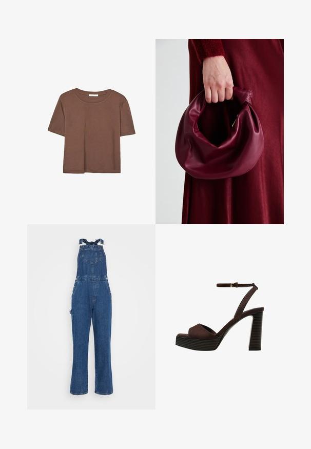 Brązowa koszulka z krótkim rękawem, wykonana z miękkiego materiału, z okrągłym dekoltem i luźnym krojem. Brak widocznych wzorów lub akcentów.; Dżinsowe ogrodniczki z regulowanymi ramiączkami, przednią kieszenią i detalami na guzikach z boku. Głęboki niebieski kolor oraz prosty fason nogawki z wybledzoną teksturą.; Brązowe zamszowe sandały na wysokim obcasie z odkrytymi palcami, regulowanym paskiem na kostce i paskowatą podeszwą.; Bordowa skórzana torebka o miękkim, marszczonym wyglądzie i zaokrąglonym kształcie. Uchwyt jest zabezpieczony, co podkreśla gładką fakturę.