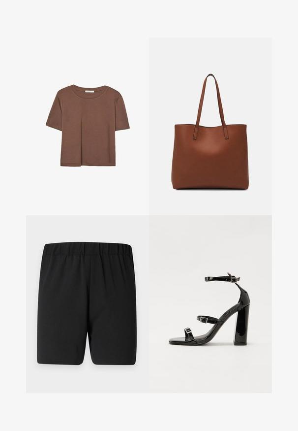Hnědé tričko s krátkým rukávem vyrobené z měkké látky, s kulatým výstřihem a volným střihem. Bez viditelných vzorů nebo dekorací.; Černé sportovní šortky s elastickým pasem, které mají hladkou texturu a volný střih pro pohodlí a snadný pohyb.; Černé lakované sandály na podpatku se čtveratou špičkou, lýtkovými pásky a stříbrnými přezkami. Disponují masivním blokovým podpatkem pro stabilitu.; Hnědá kožená taška přes rameno s hladkou texturou, otevřeným designem a dvěma ramenními popruhy. Obsahuje minimální švy a žádné viditelné kovové prvky.