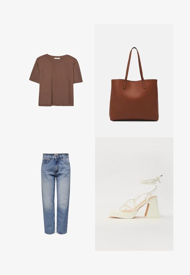 Smeđi kratki rukav majica od mekog materijala, s okruglim izrezom i opuštenim krojem. Nema vidljivih uzoraka ili naglasaka.; Svijetloplave traperice s opuštenim krojem, dizajnom s pet džepova, kopčanjem na gumb i izbljeđenim dijelovima za vintage izgled. Krojen ravno.; Bijela sandala na visokoj potpetici s debelim petom, s remenom i vezanjem oko gležnja. Glatka tekstura s platformom sprijeda za dodatnu visinu.; Smeđa kožna torba preko ramena s glatkom teksturom, otvorenim vrhom i dvjema naramenicama. Ima minimalne šavove i nema vidljivog hardvera.