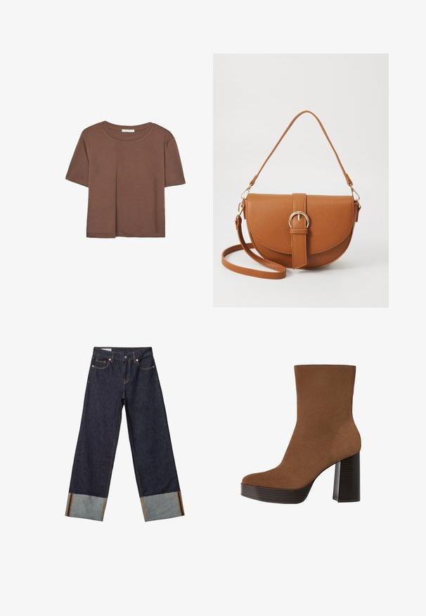Brun kortärmad t-shirt i mjukt tyg, med rund halsringning och avslappnad passform. Inga synliga mönster eller detaljer.; Mörkblå jeans med vida ben och uppvikta fållar som har en ljusare denim och orange accenttråd. Fyra fickor och knäppning.; Brun mockaskinnsankleboot med rund tå, chunky svartrandig klack och en slät yta. Har en figurnära design utan synlig hårdvara.; Brun läder crossbody-väska med en böjd form, gyllene detaljer och en spänneaccent. Har en avtagbar axelrem.