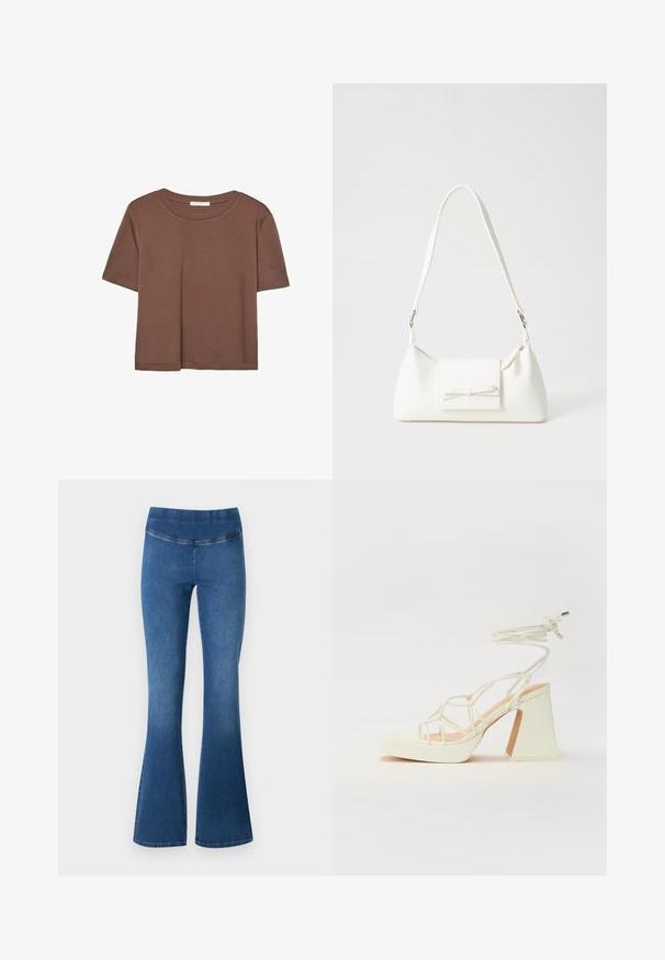 Brun kortärmad t-shirt i mjukt tyg, med rund halsringning och avslappnad passform. Inga synliga mönster eller detaljer.; Uppblåsta jeans i medelblå denim, med en elastisk midja, slät textur och en lätt blekning mot nederkanten.; Vit högklackad sandal med en kraftig klack, med ett remdesign och ankelband. Slät textur med en plattform framtill för ökad höjd.; Vit syntetisk handväska med triangulär form, platt framklaff och rosettdetalj, justerbar rem, slät textur och minimalistisk design.