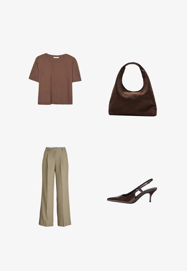 Braunes, kurzärmliges T-Shirt aus weichem Material mit rundem Halsausschnitt und lockerer Passform. Keine sichtbaren Muster oder Akzente.; Beige weit geschnittene Hose mit hoher Taille, Bundfalten und einer glatten Stoffstruktur. Klassisches Design mit maßgeschneiderter Verarbeitung.; Braune Lackleder-Slingback-Pumps mit spitzem Zeh, offenen Ausschnitten und dünnem Absatz. Mit verstellbarem Schnallenriemen.; Weiche braune Hobo-Stil Handtasche mit einem einzigen breiten Trageriemen und einer geschwungenen Oberteilöffnung, auf einem weißen Hintergrund präsentiert.
